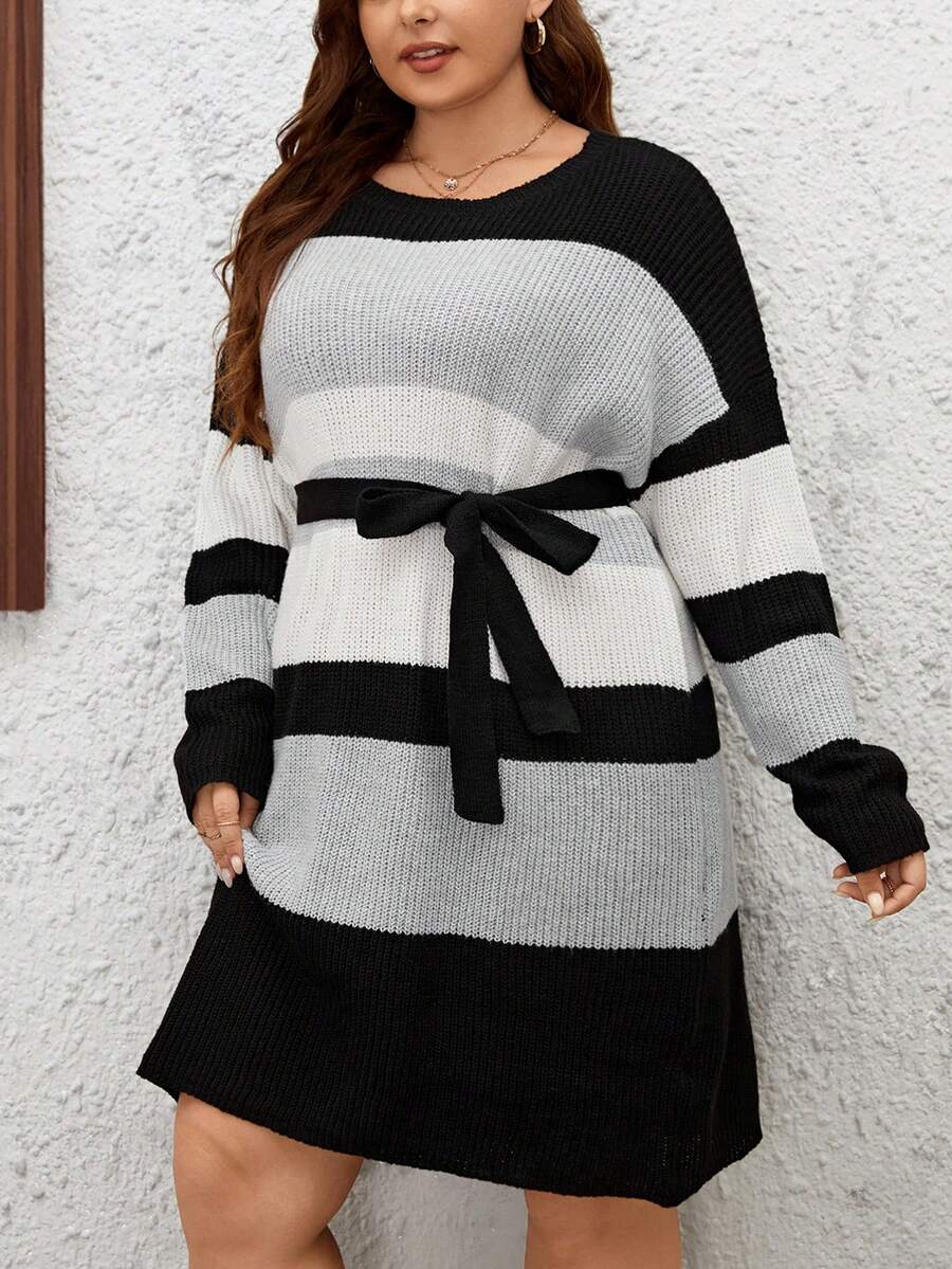 SHEIN LUNE Plus Áo len thắt lưng trễ vai Colorblock - Nhiều màu - Xem 1