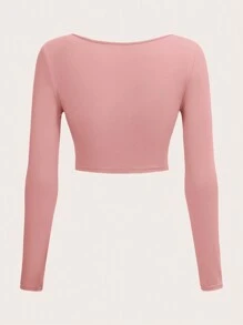 SHEIN BASICS Chất rắn Cổ v Áo phông Crop - Hồng - Xem 2