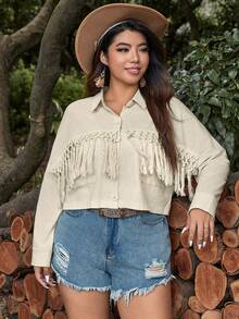 SHEIN VCAY 大碼流蘇邊前紐扣夾克 - 米色 - 查看 4