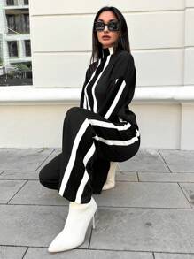 RueChic Striped Print Drop Shoulder Tee & Pants - Black - View 5