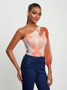 LANOR Tie Dye One Shoulder Cut Out Bodysuit - Multicolor - View 3