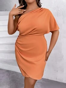 SHEIN Clasi Plus One Shoulder Batwing Sleeve Tulip Hem Dress - Coral Orange - View 3