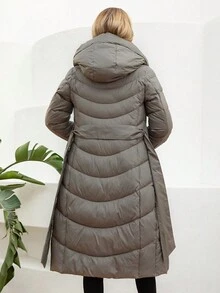 GASMAN Zip Up Snap Button Belted Hooded Belted Padded Coat - Grey - View 2