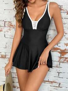 Contrast Binding Ruffle Hem Tankini - Black and White - View 1