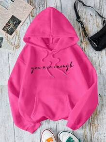 SHEIN EZwear Áo nỉ giữ nhiệt cỡ lớn in khẩu hiệu, có túi kangaroo và dây rút. - Đỏ - Xem 2