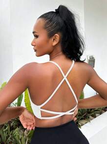 Slayform Twist Front Crisscross Backless Crop Sports Going Out Bra - White - View 2