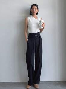 FRIFUL Solid Slant Pocket Belted Suit Pants,Women Dress Pants Business Attire - Navy Blue - View 6