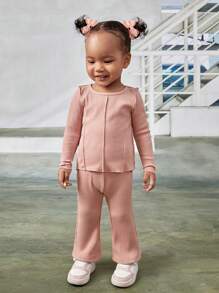 SHEIN Baby Girl Solid Tee & Flare Leg Pants - Pink - View 6