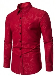 Genlund 男士花卉提花鈕扣襯衫 - 紅色 - 查看 3