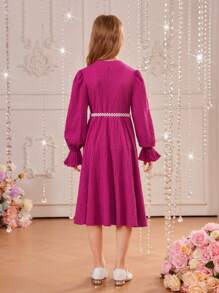 SHEIN Tween Girl 3d Rose Front Flare Sleeve Dress Without Belt - Mint Green - View 7