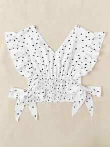 Trelyra Polka-dot Print Ruffle Armhole Shirred Hem Tie Side Blouse - White - View 2