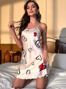 Heart Print Satin Cami Pajama Nightdress Luxeloungewear