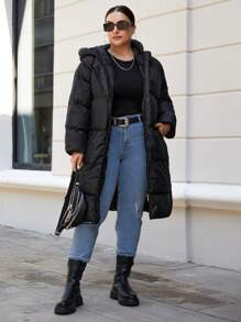 EURMUSE Plus Zip Up Hooded Puffer Coat, For Winter - Black - View 4