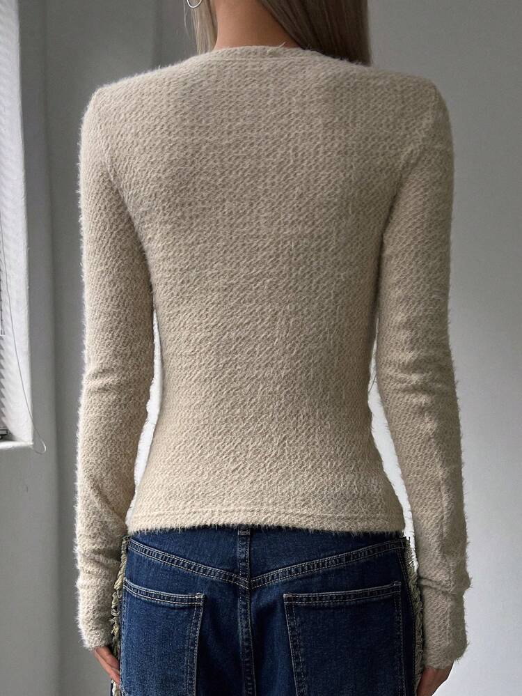 Solid Round Neck Fuzzy Tee Long Sleeve Women Tops,Fall Women Clothes