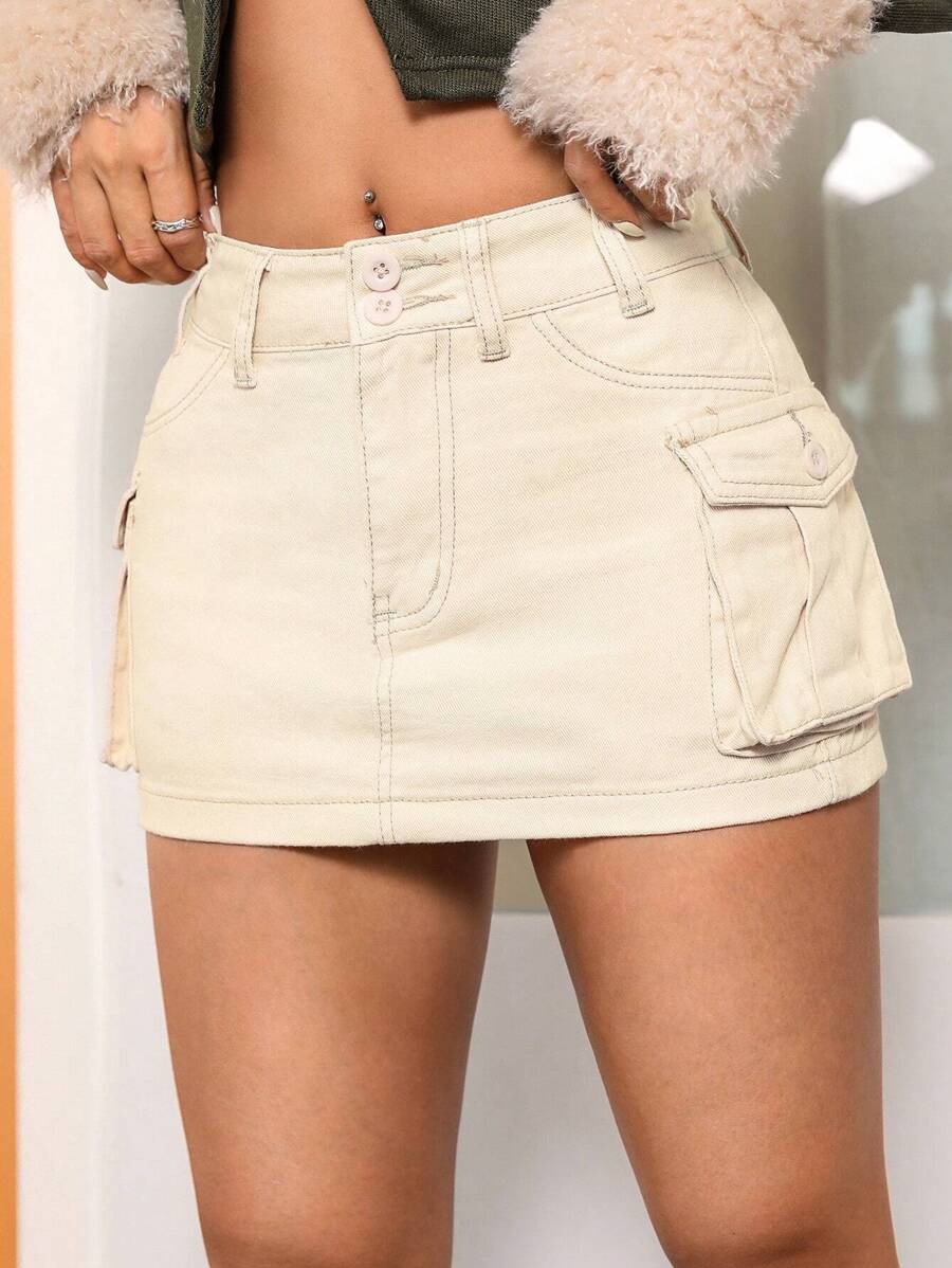 SHEIN PETITE 翻蓋口袋牛仔半身裙 - 米色 - 查看 1