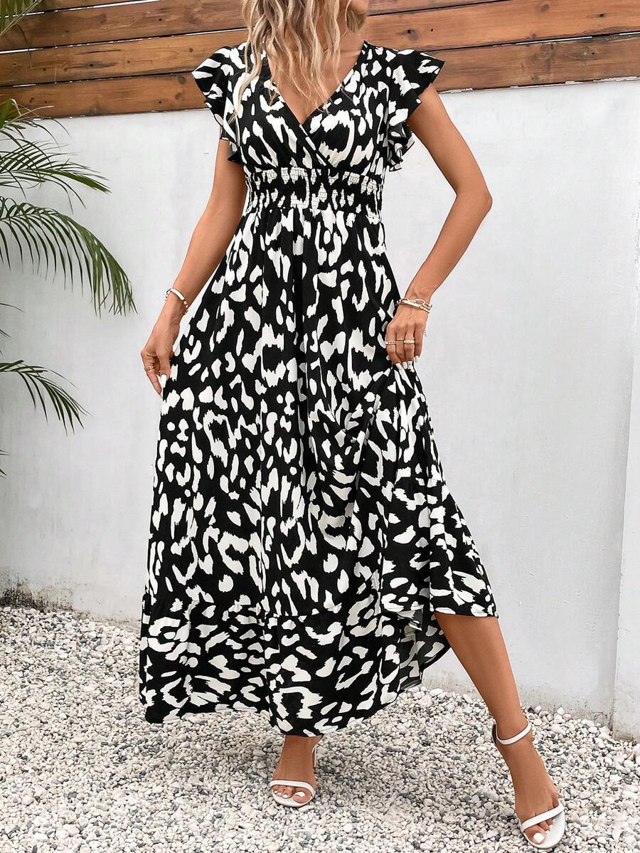 SHEIN Frenchy Allover Print Butterfly Sleeve Ruffle Hem Dress - Multicolor - View 1