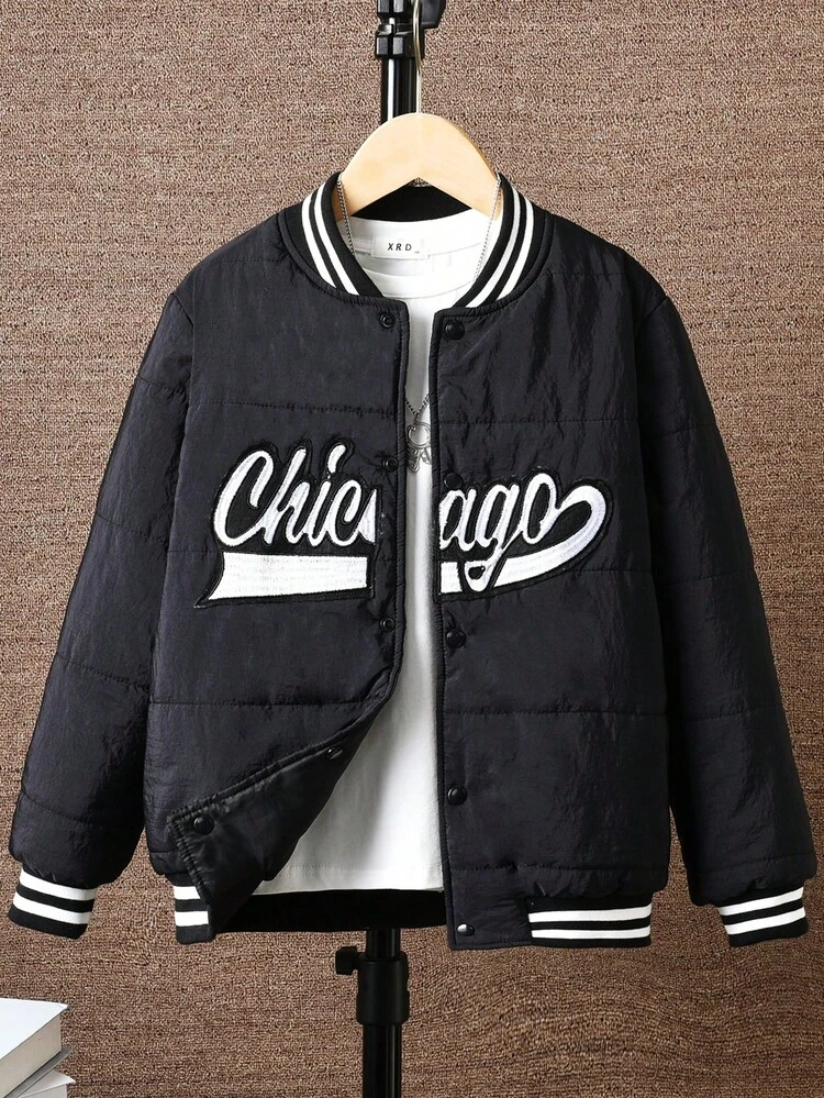 Tween Boy Letter Graphic Striped Trim Padded Coat Without Tee