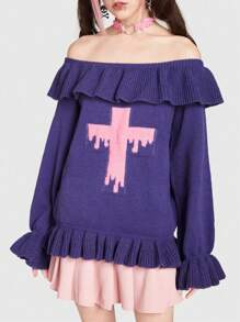 ROMWE Kawaii Cross Pattern Off Shoulder Ruffle Trim Sweater - Purple - View 1