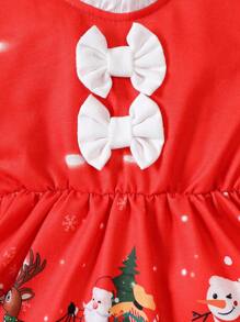 Baby Girl Christmas Print Contrast Lace Trim Dress - Red - View 7