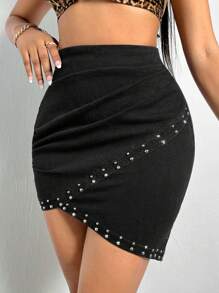 SHEIN SXY Studded Detail Wrap Denim Skirt - Black - View 3