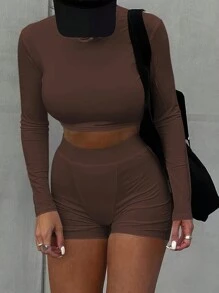 INAWLY Solva Solid Crop Tee & Biker Shorts Fall Cloth For Women - Coffee Brown - View 3