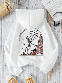 SHEIN EZwear 花和標語圖案袋鼠口袋抽繩連帽衫 - 白色 - 查看 1