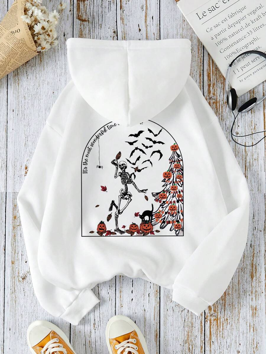 SHEIN EZwear 花和標語圖案袋鼠口袋抽繩連帽衫 - 白色 - 查看 1