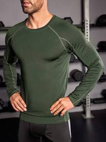 1pc Contrast Top-stitching Sports Tee - Army Green - View 3