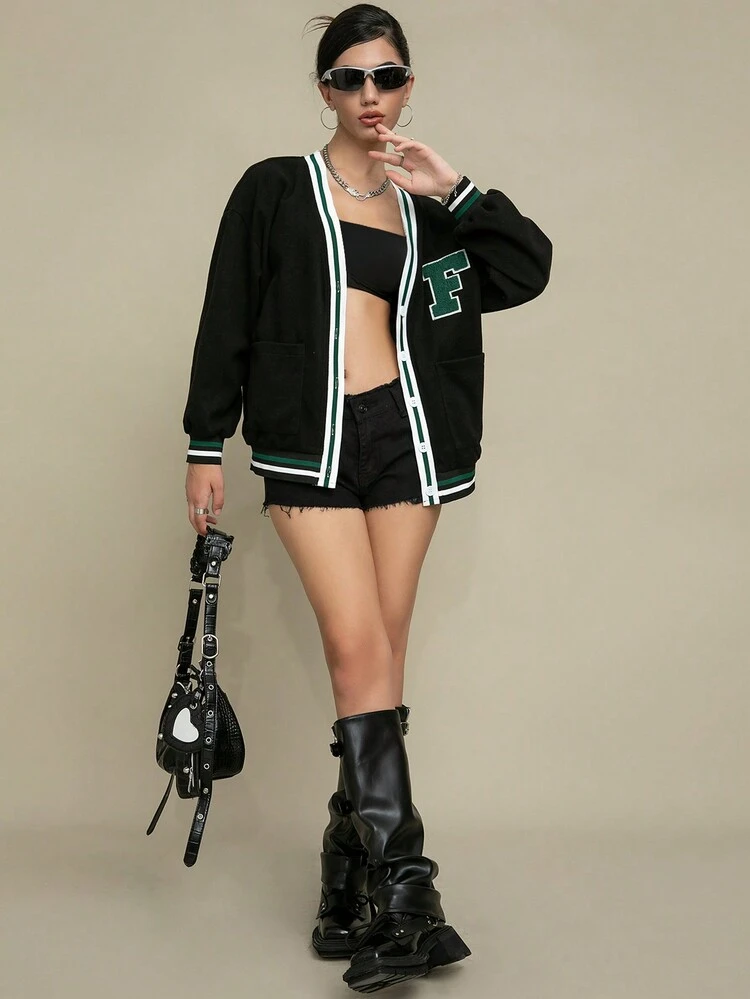 Letter Patched Striped Trim Drop Shoulder Dual Pocket Button Front Overcoat