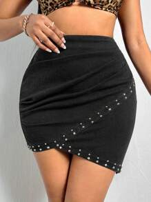 SHEIN SXY Studded Detail Wrap Denim Skirt - Black - View 1