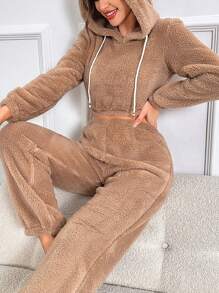 抽繩純色女士家居服套裝 - 卡其色 - 查看 4