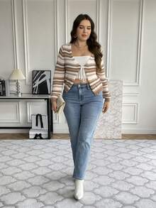 SHEIN Franclia Plus Striped Pattern Tie Front Cardigan - Multicolor - View 6