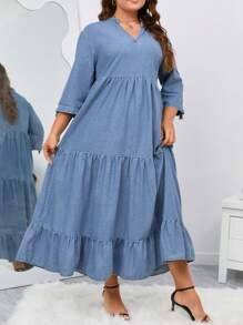 SHEIN LUNE Plus Notched Neckline Ruffle Hem Denim Dress - Light Wash - View 7