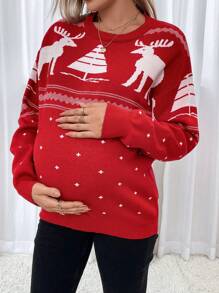 SHEIN Maternity Christmas Pattern Drop Shoulder Sweater, For Winter - Red and White - View 3