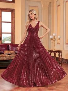 XUIBOL 深V領亮片舞會洋裝 - 酒紅色 - 查看 5