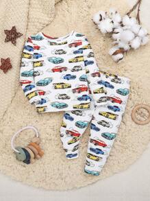 SHEIN 嬰兒男童春秋季休閒2件套組卡通車紋長袖上衣和緊身長褲家居服裝 - 彩色 - 查看 1