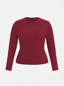 SHEIN BASICS Plus Solid Round Neck Tee - Rose Red - View 1