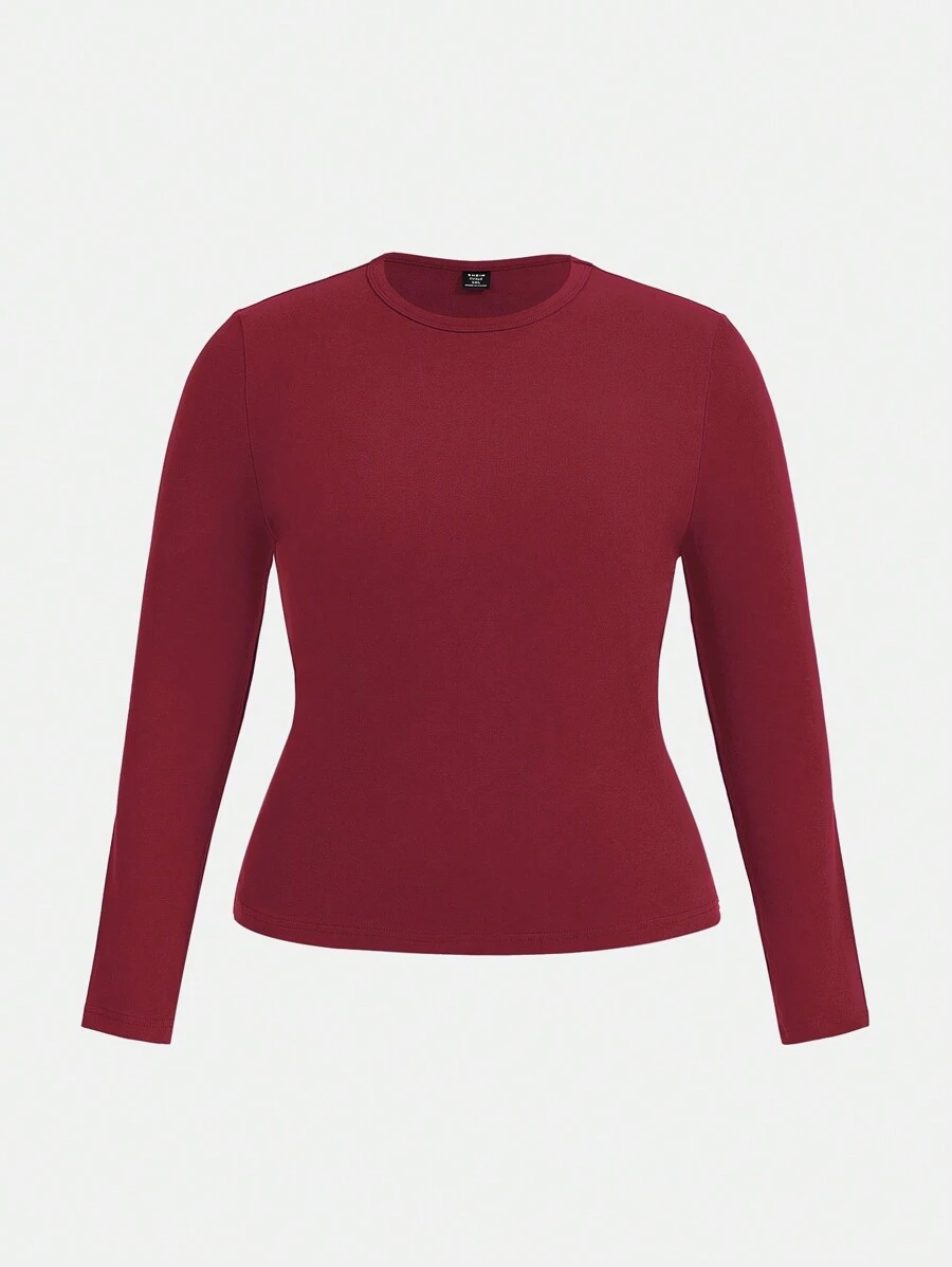 SHEIN BASICS Plus Solid Round Neck Tee - Rose Red - View 1