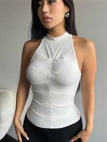 SHEIN SXY Áo ba lỗ xếp nếp chắc chắn - trắng - Xem 3