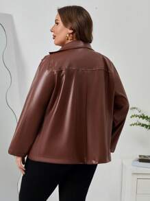 SHEIN Clasi Plus Double Button PU Leather Coat - Chocolate Brown - View 5