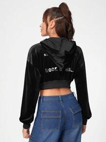 Everlastgraphic Skeleton Hand Print Drop Shoulder Crop Velvet Jacket - Black - View 4