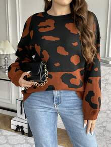 SHEIN Franclia Hơn Hoa văn Báo Thả vai Áo len - Nhiều màu - Xem 3