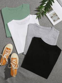 SHEIN Unity 4pcs Solid Round Neck Tee - Multicolor - View 1