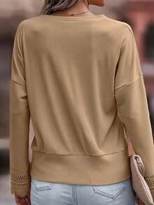 Guipure Lace Trim Drop Shoulder Tee - Khaki - View 2