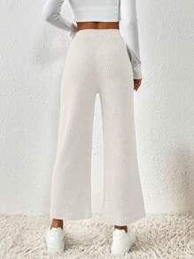 SHEIN Frenchy 素色腰上打結闊腿褲 - 米色 - 查看 2