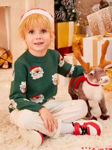 SHEIN Suéter con patrón de Papá Noel de Navidad para niño joven - Verde Oscuro - Ver 3