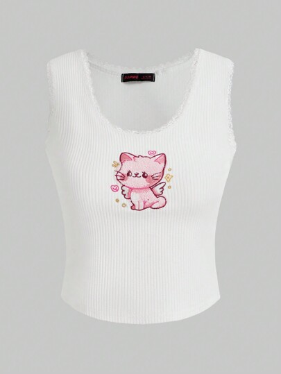 Cartoon Embroidery Lace Trim Tank Top