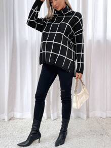 SHEIN 孕妇格纹高领落肩开衩下摆毛衣，适合冬季 - 黑與白 - 查看 5