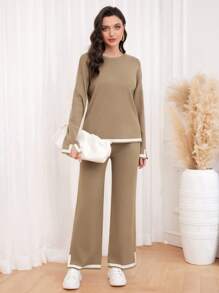 Mulvari 落肩毛衣 & 针织裤 2 件套 - 駝色 - 查看 4