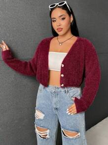 SHEIN EZwear Plus Solid Raglan Sleeve Fluffy Knit Cardigan - Rose Red - View 5